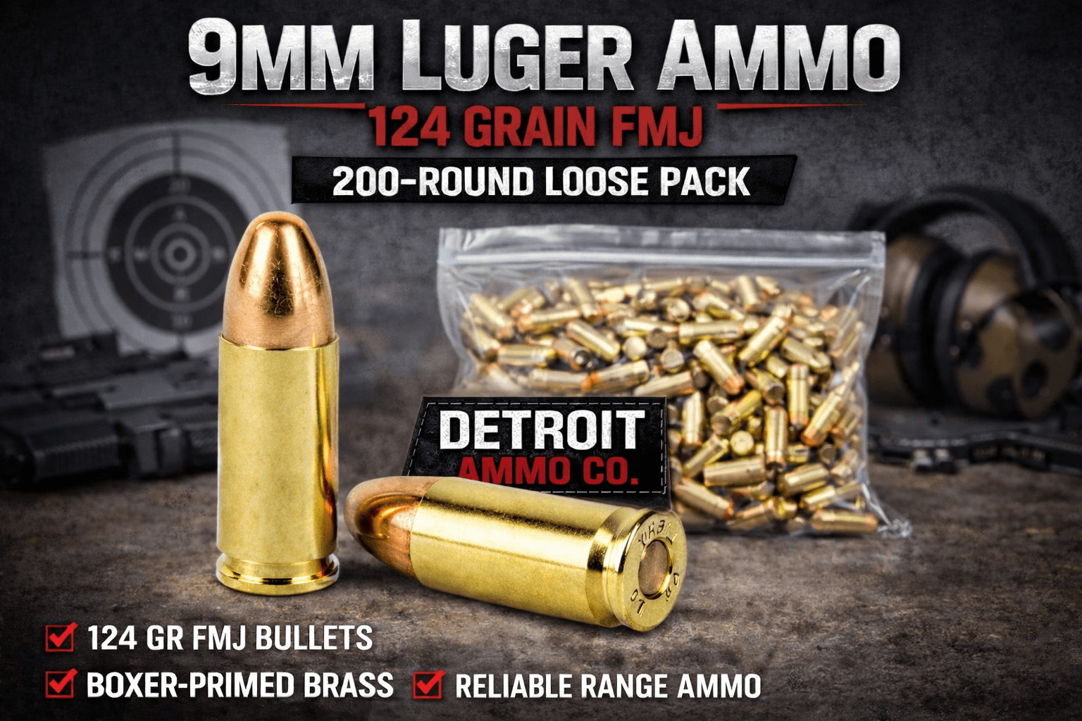 Hand Gun Ammunition 9mm Luger Ammo – 124 Grain FMJ | 200-Round Loose Pack image 1